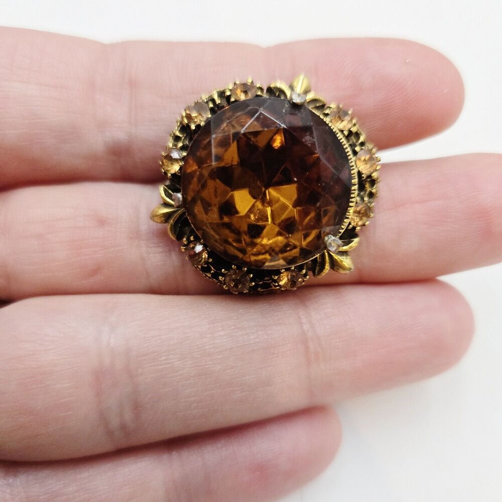 Vintage Gold Tone Large Faceted Amber Glass Rhinestones Brooch Fleur De Lis